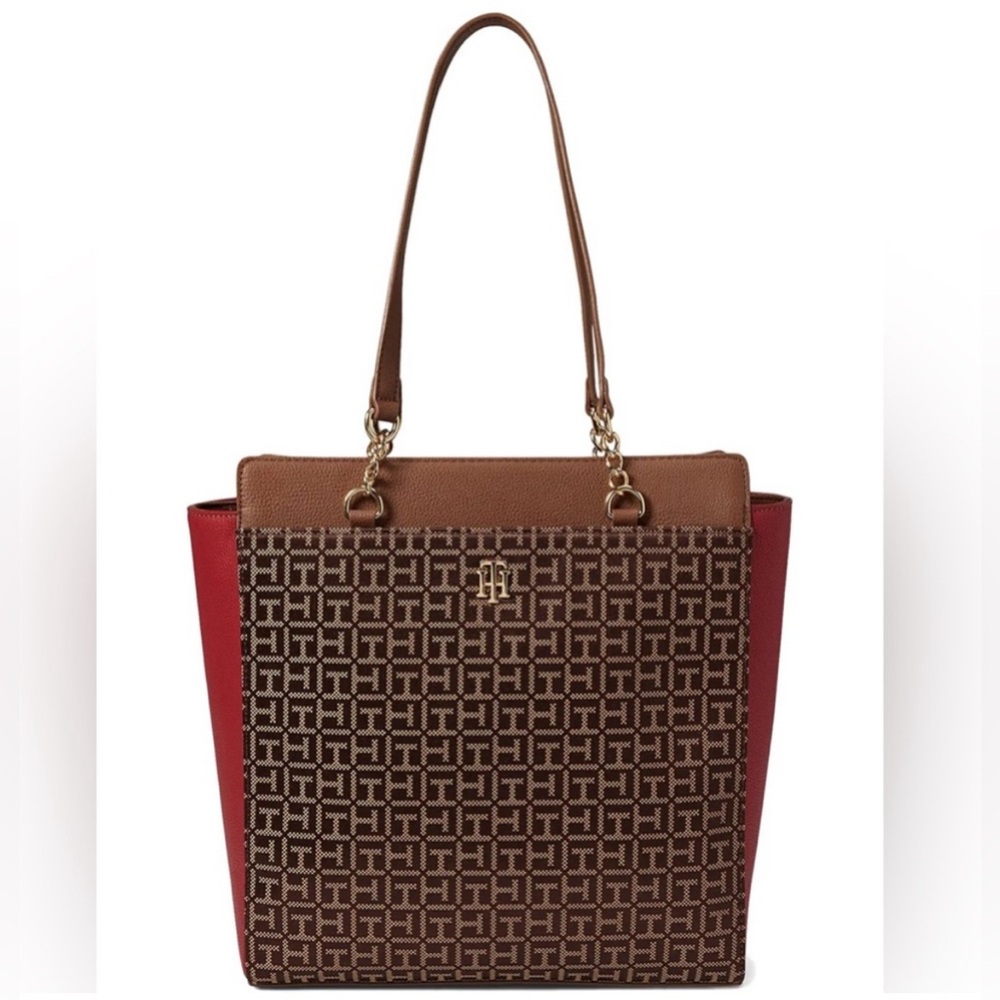 Tommy Hilfiger Red and Brown Signature Tote Bag